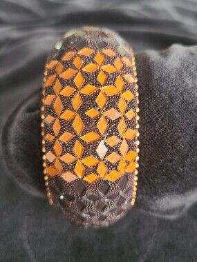Vintage Boho Heavy Resin Chunky Bangle Bracelet Glass Mosaic Inlay Orange 2.5"